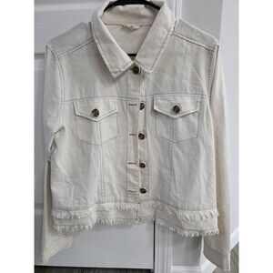 Hem & Thread frayed-edge cropped Boho Off White Denim Shacket Jacket sz S (326)